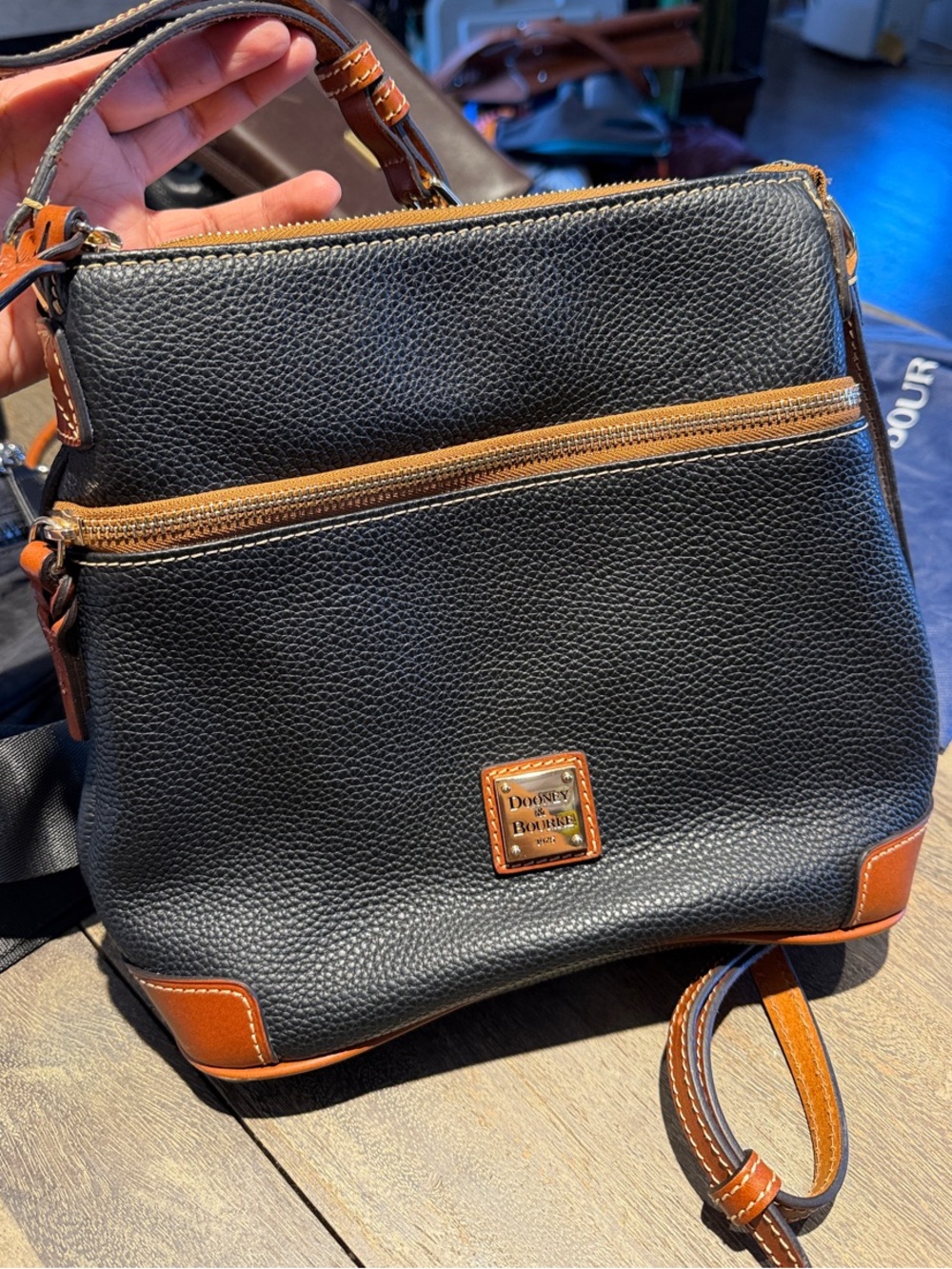 Dooney & Bourke Black with Tan Trim Pebbled Leather Crossbody